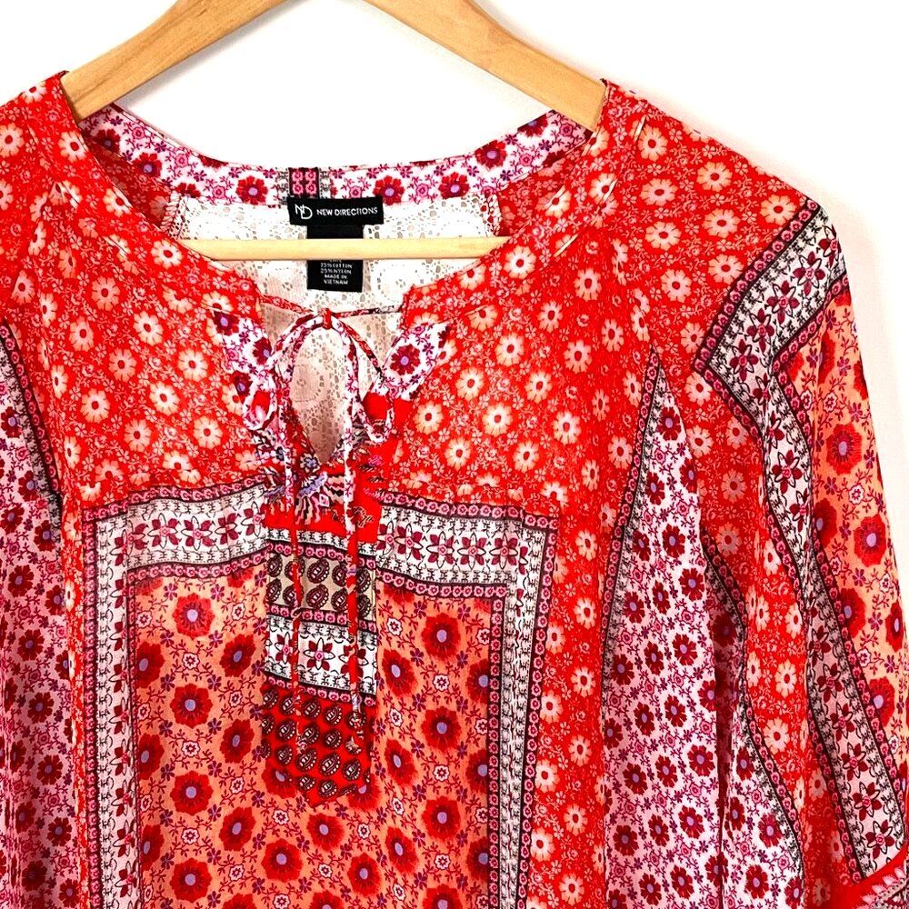 New Directions Red Peasant Top Lace Back Multi-Color 3/4 Sleeve Women's - Size S